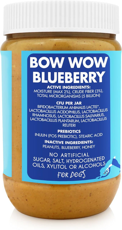 BUDDY BUDDER Bow-Wow Blueberry (probiotic + prebiotic), 100% Natural Dog Peanut Butter, Healthy Peanut Butter Dog Supplement, Made in USA (17oz Jar)