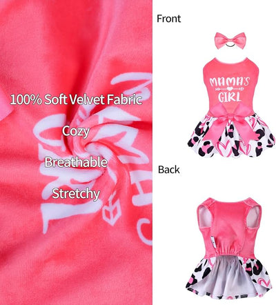 CuteBone Dog Dresses Velvet Mama's Girl Small Dogs Clothes Onesie Pet Apparel Girl Puppy Skirt with Bow Hair Rope