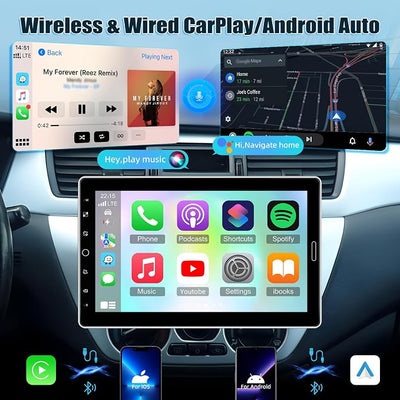 10.1 inch Single Din Car Stereo with Wireless Carplay 10 inch Touchscreen Radio Support FM Radio/YouTube Video/Car Play/Android Auto/Bluetooth/SWC + Backup Camera + Mic