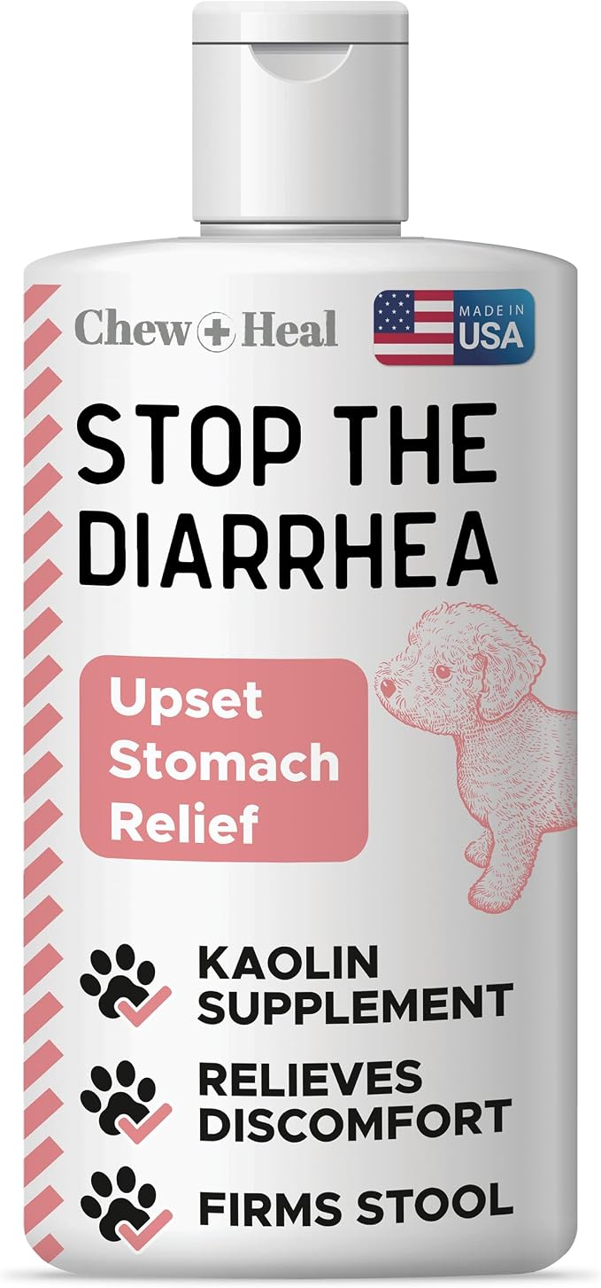 Chew + Heal Labs Anti Diarrhea Liquid for Dogs 12 oz - Dog Diarrhea Medicine, Kaolin, Fast-Acting Upset Stomach Relief, Firms Loose Stool, Chicken Flavor, Digestive Support - Made in USA