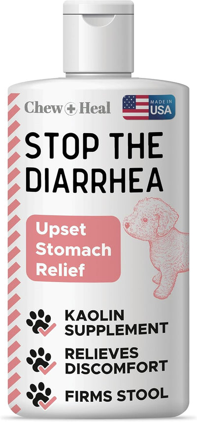 Chew + Heal Labs Anti Diarrhea Liquid for Dogs 12 oz - Dog Diarrhea Medicine, Kaolin, Fast-Acting Upset Stomach Relief, Firms Loose Stool, Chicken Flavor, Digestive Support - Made in USA