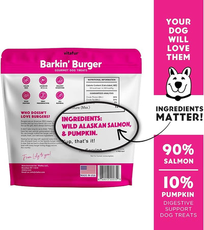 Barkin Burger Salmon & Pumpkin Dog Treats – Limited Ingredient Recipe, Digestive Support, High Omega for Skin & Coat, Sensitive Stomach Friendly, Picky Eater Approved