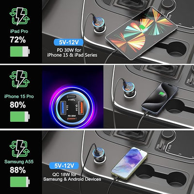 USB C Car Charger 3 Pack, Bangfun 4-Port 65W Dual 12V USB-C & USB A Car Charger Power Adapter QC+PD 3.0 Fast Charging Cigarette Lighter Plug for iPhone 16/15/14/13/11 Pro,Samsung S24,Android(Black)