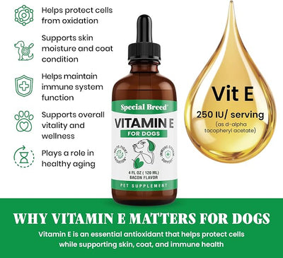 Vitamin E for Dogs Liquid 250 IU - Vitamin E Oil for Dogs Skin and Coat Support - Dog Immune Support Antioxidant Supplement - Bacon Flavor - 120 Servings - 4 oz