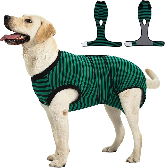 Recovery Suit for Dogs Cats After Surgery, E-Collar & Cone Alternative Surgical Suit, Prevent Licking Dog Onesies Pet Surgery Recovery Suit Soft Dog Bodysuit, Green Navy Stripes, XS