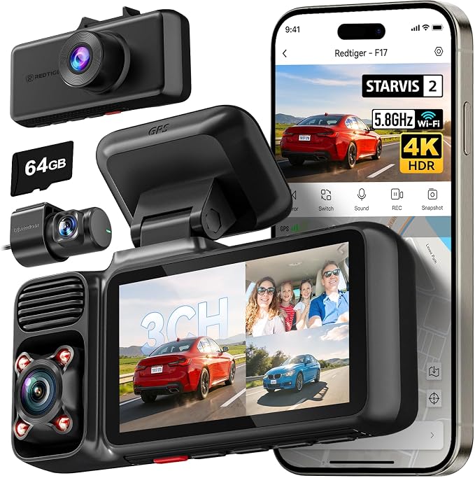 REDTIGER F17 4K 3 Channel Dash Cam, STARVIS 2 IMX675 HDR, 2160P+1080P+1080P Front Inside and Rear Triple Car Camera with 64GB Card, 5.8GHz WiFi GPS, IR Night Vision, G Sensor, WDR, Parking Mode
