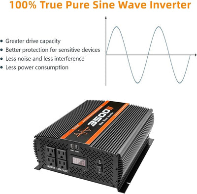 3500W Pure Sine Wave Inverter 12V to 120V with 4 Power Outlets for RV Solar Power