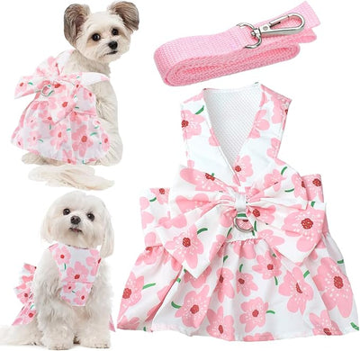 Dog Dress Bowknot Harness Leash Set for Small Girl Dogs Pink Floral Dog Cat Clothes Cute Puppy Outfits Pet Clothes Spring Summer Breathable Dresses(X-Samll)