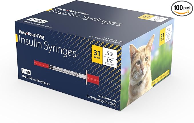 Easy Touch Pet U-40 Insulin Syringes for Dogs & Cats – 31G 0.5cc 1/2", Half-Unit Markings, Compatible with U-40 Insulin, Box of 100 (For Animal Use Only)