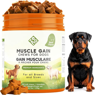 ZENO 11-in-1 Muscle Gain Chews - Weight Gain Supplements for Dogs with High Protein & Amino Acids - Premium Muscle Builder for Bully & All Breeds - Healthy for Puppies - 150 Chews - Beef