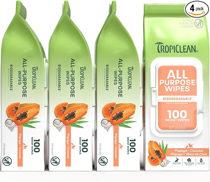 TropiClean Papaya & Coconut Dog Wipes for Paws and Bottom | Deep Cleaning Dog Grooming Wipes | Safe for The Face | Cat Friendly | 400 Count