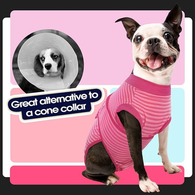 FUAMEY Recovery Suit for Dogs Post-Surgery,Dog Surgery Suit Female Spay Dog Onesie for Surgery Female Collar Cone Alternative Surgical Shirt,Male Dog Neuter Suits Rose Stripes XS