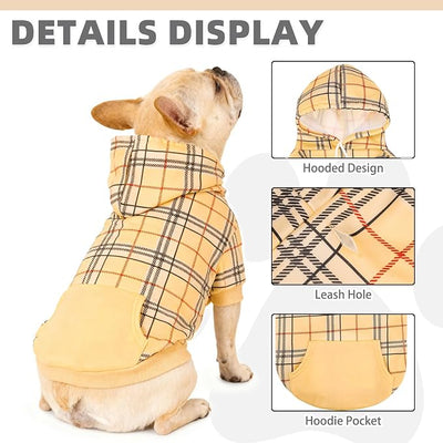 KOOLTAIL Plaid Dog Hoodie for Small Medium Large Dogs,Pet Clothes Sweater with Hat and Pocket for Cold Weather Winter, Soft&Warm Doggy Hooded Sweatshirt Coat Outfit for Puppy Cats Girls Boys Khaki S