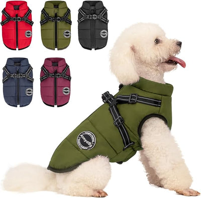 Dog Winter Coat, Warm Dog Jacket Reflective Adjustable Fleece Vest with Harness Built in, Windproof Pet Snow Jacket Snowsuit with Zipper for Small Medium Dogs, Green XS