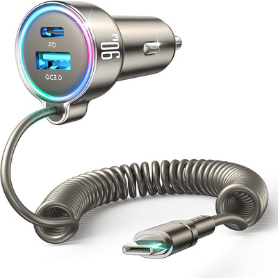 USB C 90W Car Charger for iPhone 17/16 Pro Max, PD & QC3.0 w/5 ft 45W Type C Coiled Cable, Fast Car Phone Charger Adapter for iPhone 17Air/15 Pro, Samsung Galaxy S25/S24/S23, Pixel 10/LG/Android, iPad