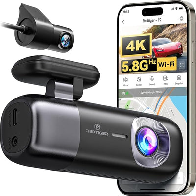 REDTIGER F9 4K Dash Cam Front and Rear 1080P, 5.8GHz WiFi & Smart App Control Car Camera, 2160P/FHD Wireless Dashcam for Cars with Precise GPS, WDR Night Vision, Loop Recording, 24H Parking Mode