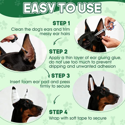 Pet Ear Taping Glue, Doberman Ear Posting Kit, Dog Ear Posting Kit with Ear-Up Cotton Swabs, Long-Lasting and Non-Detachable Adhesive, Suitable for Daily Care of All Dog Breeds