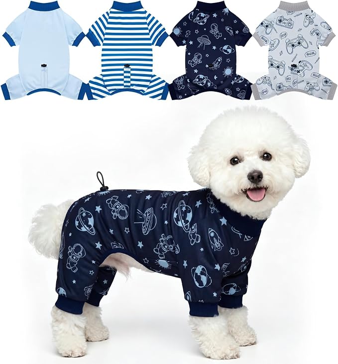 XPUDAC 4 Pack Dog Pajamas, Soft Puppy Clothes with Drawstring Adjustable Stretchy Dogs Onesie for Small Medium Doggie Shed Defender Dog Suit Pet Outfit Boy, S