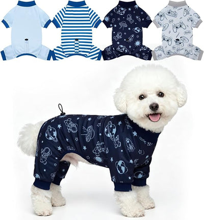XPUDAC 4 Pack Dog Pajamas, Soft Puppy Clothes with Drawstring Adjustable Stretchy Dogs Onesie for Small Medium Doggie Shed Defender Dog Suit Pet Outfit Boy, S