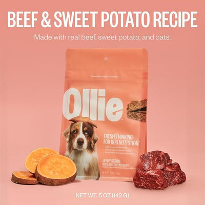 Ollie Beef & Sweet Potato Jerky Treats, 15 oz - All Natural Dog Treats Ingredients, Meat-First Recipe, No Preservatives or Fillers