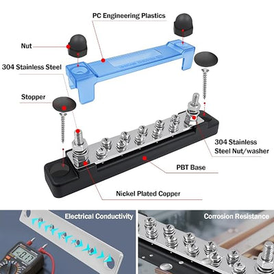 LENKRAD M6 Marine Buss Bars 12V Waterproof Battery Distribution Block 150A Power Terminal Block with 2 x M6 Posts,10 x M4 Terminal Screws, Negative Ground Bar for RV, Solar Wiring