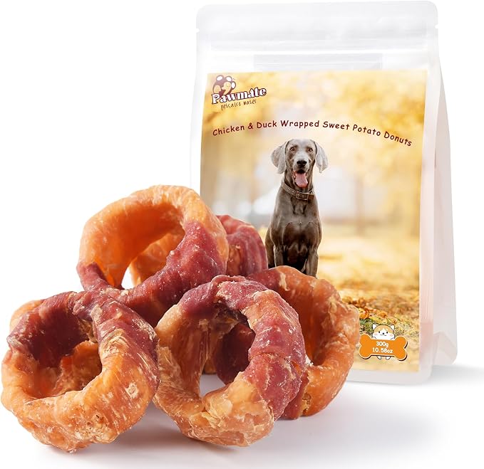 Pawmate Sweet Potato Donuts Dog Treats Chicken & Duck Wrapped, Healthy Low Fat Dog Jerky Chews, High Protein Training Treats Snacks for Small Medium Large Breed, 10.6 oz