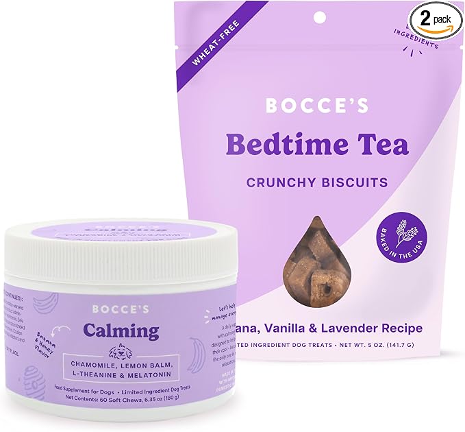 Bocce's Bakery Bedtime Tea Treats + Calming Supplement Bundle for Dogs – All-Natural, Wheat-Free Biscuits & Stress Support with Chamomile, Lemon Balm, L-Theanine – Real Ingredients Baked in The USA