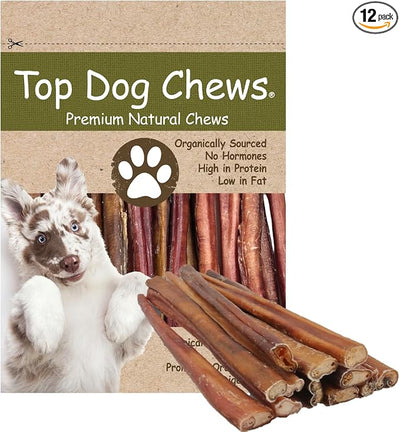 Top Dog Chews - 12 Inch Standard 12 Pack Bully Sticks, Long Lasting, 100% Natural Beef, Free Range Grass Fed, High Protein, Supports Dental Health Dog Treat, 12 Pack