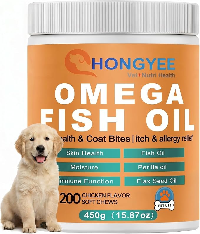 Omega 3 Fish Oil for Dogs, 200 Soft Chews (450g) - Skin and Coat Supplement - Itch & Allergy Relief, Shedding Control & Hot Spots Support - with EPA & DHA, Natural Chicken Flavor
