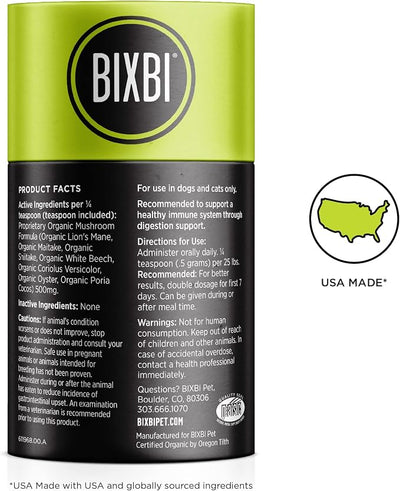 BIXBI Dog & Cat Clean Digestion Support, 2.12 oz (60 g) - All Natural Organic Pet Superfood - Daily Mushroom Powder Supplement - USA Grown & USA Made - Veterinarian Recommended for Dogs & Cats