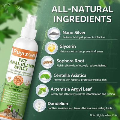 puyrzoe Dog Anal Gland Spray for All Pets - Fast Relief for Anal Glands Natural, Soothes Itching, Stops Scooting, Eliminates Odors, Dog Anti Itch Spray for Pain-Relieving - 4.06 FL Oz