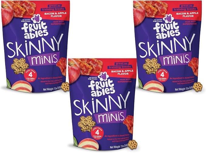 Fruitables Soft and Chewy Skinny Minis 12 Ounce Apple Bacon Grain Free Dog Training Treat, Pack of 3