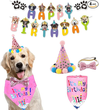 Dog Boy Birthday Party Outfits,Birthday Hat, Bow Tie, Bandana, Happy Birthday Banner,Puppy Pet Theme Decorations Suit for Girl Golden Doodle Teddy Husky Labrador (4PCS Pink)