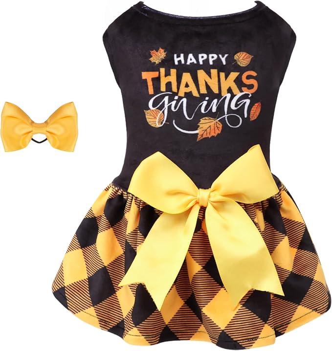 CuteBone Happy Thanksgiving Day Dog Fall Dress Costume Velvet for Small Dogs Girl Puppy Dresses Yellow Plaid Dog Clothes