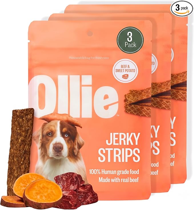 Ollie Beef & Sweet Potato Jerky Treats, 15 oz - All Natural Dog Treats Ingredients, Meat-First Recipe, No Preservatives or Fillers