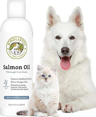 Wholistic Pet Organics Wild Alaskan Salmon Oil for Dogs and Cats - Omega 3 Fish Oil for Dogs & Cats - Cat & Dog Skin and Coat Supplement for Heart, Joints - DHA, EPA Omega 3 Liquid Food Topper - 8 oz