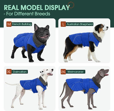 Kuoser Dog Coat, Super-Warm Dog Jacket Windproof Pet Cold Weather Coats for Extra Large Dogs, Fleece Lining Quilted Turtleneck Puppy Snowsuit Reflective Adjustable Doggie Winter Clothes, Blue, 2XL