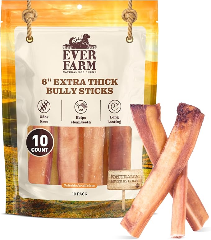 Pet Odor-Free Extra Thick Jumbo Bully Sticks for Large Dogs (6", 10 Pack) – All-Natural, Long-Lasting Dog Chews Made from 100% Grass-Fed Beef, High-Protein & Grain-Free.