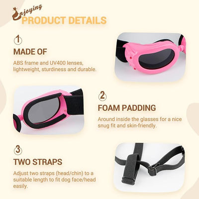 Enjoying Dog Goggles Small Breed, Dog Sunglasses UV Protection, Cycling Eye Protection for Small Dogs, Breathable Windproof Dustproof Anti-Fog, Adjustable Straps, Classic Pink