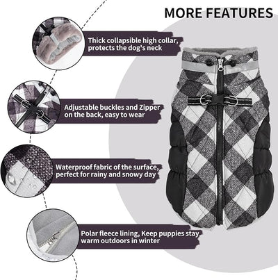 CuteBone Black Checkerboard Waterproof Winter Coat with Harness, Reflective Warm Dog Jacket with Zipper for Cold Weather, Snowsuit for Medium Large Dogs YRFN18XL