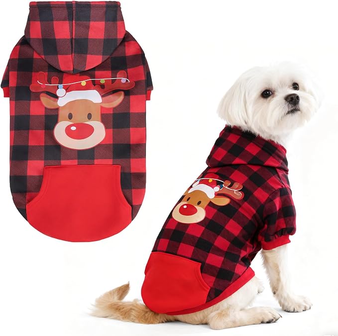 EXPAWLORER Plaid Dog Hoodie - British Style Warm Dog Sweater Shirt with Leash Hole,Pitbull Clothes Outfits,Winter Coat for All Breeds Puppy Girl Boy-Cat Apparel,Christmas Buffalo Check Medium