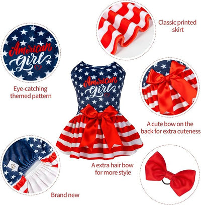 CuteBone Dog Dresses Velvet 4th of July Small Dogs Clothes Onesie Pet Apparel Girl Puppy Skirt with Bow Hair Rope