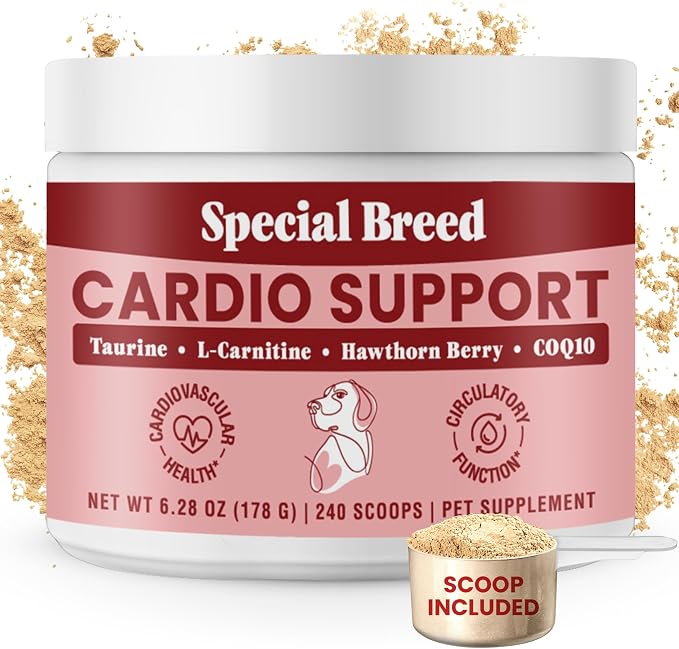 Taurine Supplement for Dogs – Heart Health & Circulation Support – Powder Formula with L-Carnitine, CoQ10 & Organic Hawthorn Berry – 240ct