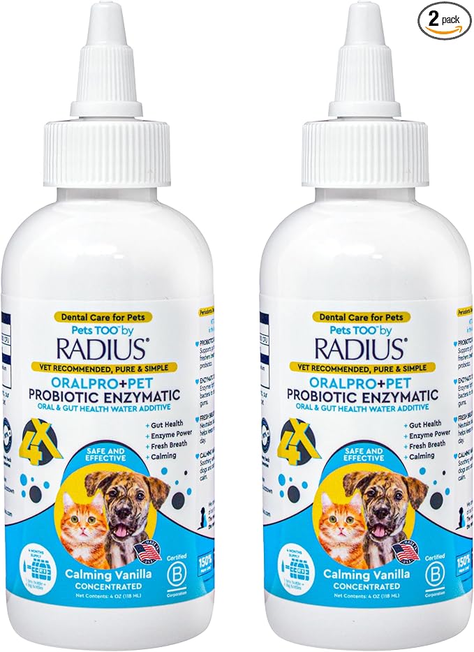 RADIUS OralPro+ Pet Probiotic Enzymatic Water Additive - Dog and Cat Dental Care Solution - Plaque & Tartar Defense Meal Supplement - Fresh Breath & Gut Health - Calming Vanilla, 4 Oz (Pack of 2)