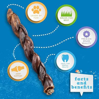 Jack&Pup Braided Gullet Sticks for Dogs | 12" Esophagus Dog Treats | Single Ingredient Beef Sticks (5 Ct)