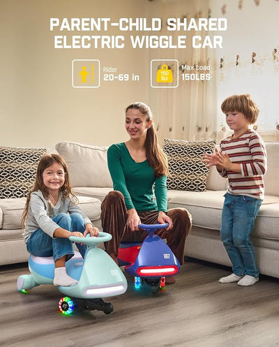 FanttikRide N7 Pro Electric Wiggle Car, Rechargeable Battery, CyberWiggle, 2 in 1 Swing Car, 2 Speeds Max 4 Mph, Anti-Rollover, Flashing Wheels, Bluetooth, Ages 3+, 150 Lbs, Glacier Blue