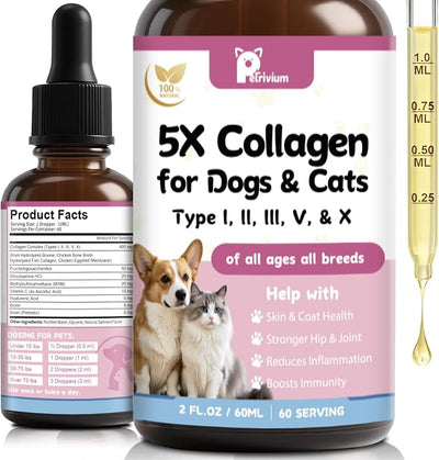 Liquid Collagen for Dogs and Cats, 5 Types of Grass-Fed Collagеn (I, II, III, V & X) for Skin & Coat, Itch Relief, Hips & Joints with MSM, Biotin and Hyaluronic Acid, 2 Oz