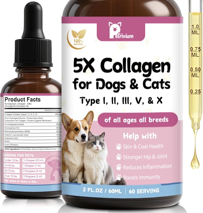 Liquid Collagen for Dogs and Cats, 5 Types of Grass-Fed Collagеn (I, II, III, V & X) for Skin & Coat, Itch Relief, Hips & Joints with MSM, Biotin and Hyaluronic Acid, 2 Oz