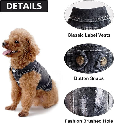 SILD Pet Clothes Dog Jeans Jacket Cool Blue Denim Coat Small Medium Dogs Lapel Vests Classic Hoodies Puppy Blue Vintage Washed Clothes (XS, Black)
