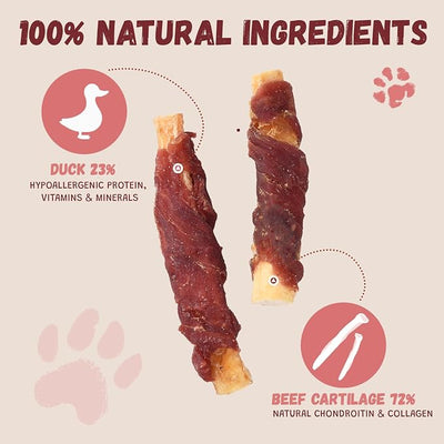 Pawmate Duck Wrapped Beef Cartilage Dog Treats, Long Lasting High Protein with Calcium Supplement Dog Chews, Rawhide Free Duck Dog Training Treats Snacks for Medium and Large Dogs, 12 Counts, 10.6 oz